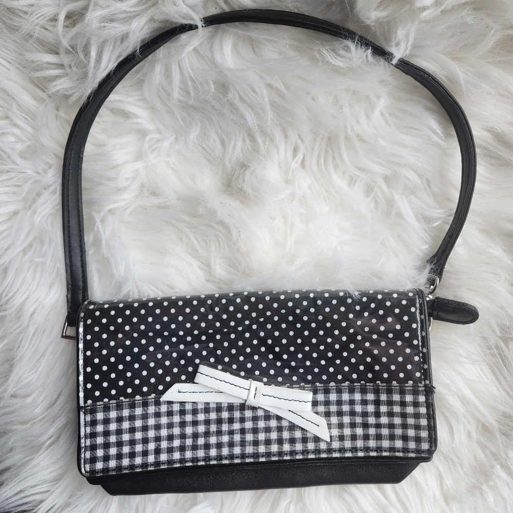 Essentials by Rolfs Black & White Polka Dot Plaid Clutch Wristlet White Bow Purs